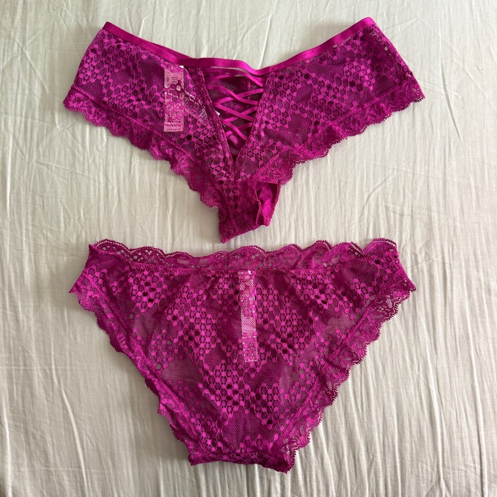 2 x Victoria's Secret Magenta Purple Lace Cheeky Floral Panties Criss Cross